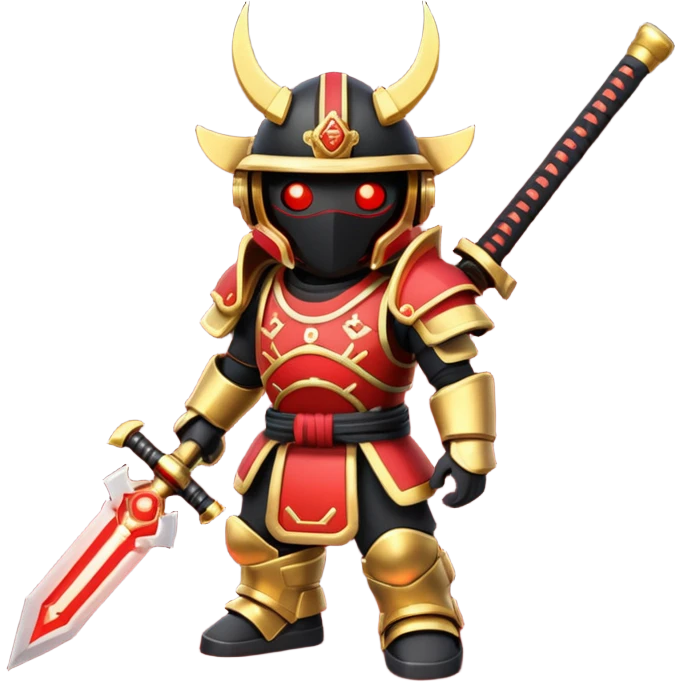 samurai themed space miner tool icon, futuristic mining tool inspired by katana, Japanese armor details, red black gold color palette, glowing energy accents, 3D cartoon, mobile game icon style, clean background, soft shadow, no text, no watermark

 emoji