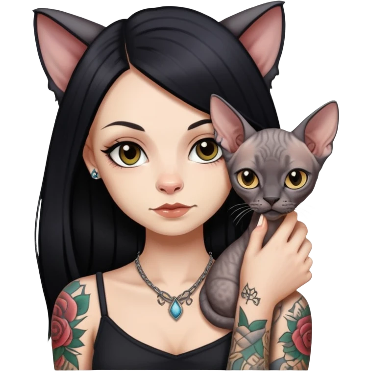 white girl with long black  straight hair and tattoos and  a Devon rex emoji