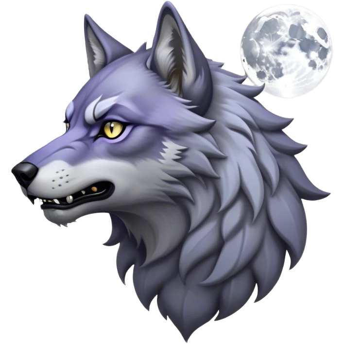 Cinematic Noble Werewolf Portrait Emoji, Formidable and majestic, with a powerful lupine silhouette in moonlit grays and silvers, featuring piercing, wise eyes and a dignified snarl that hints at untamed strength, simplified yet intricately detailed, glowing with a soft, lunar outline that encapsulates the noble duality of feral instinct and loyal guardianship! emoji