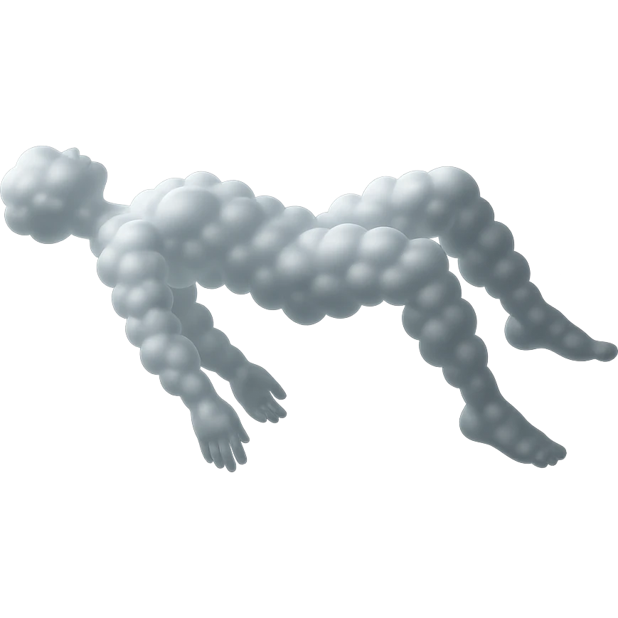 side view of unconscious person flying torso up, legs and arms down, made of small very bright white fluffy convex clouds with silvery tint, matte glass style emoji
