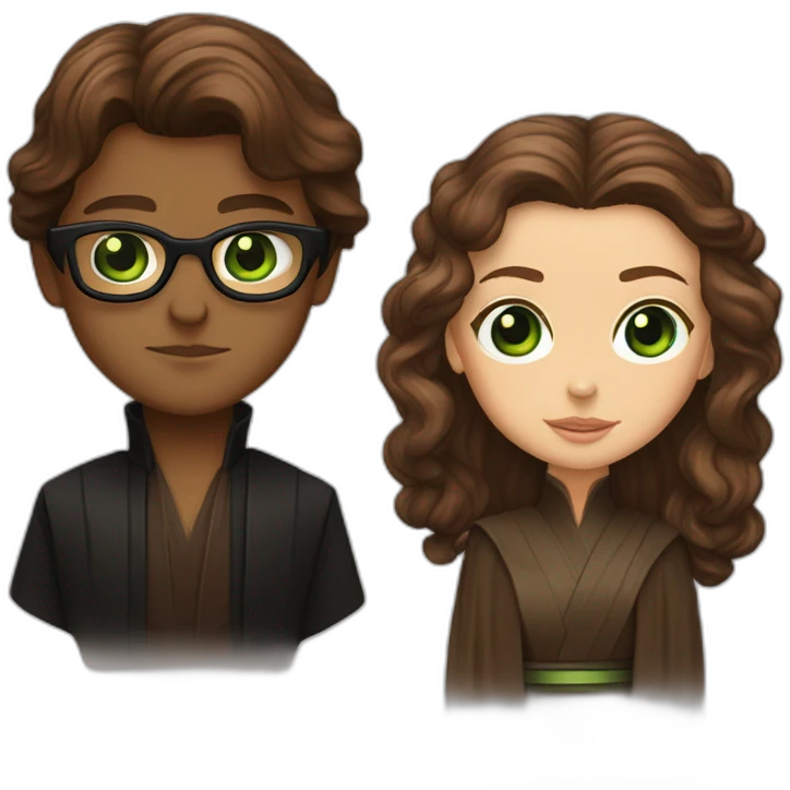anakin with glasses and padme with green eyes, long brown hair emoji