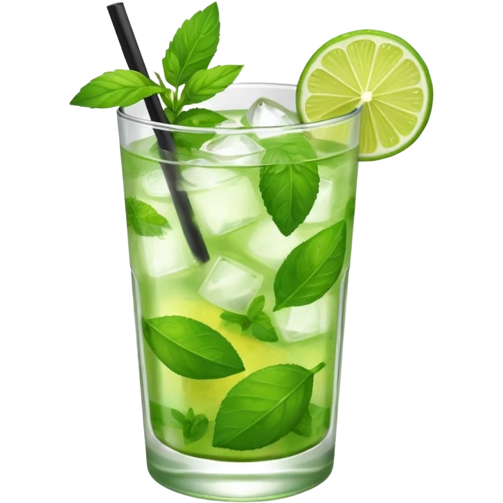 Make a mojito in she style of an emoji in a small glas with only one lime on top and one lime in the glas, not too much mint emoji