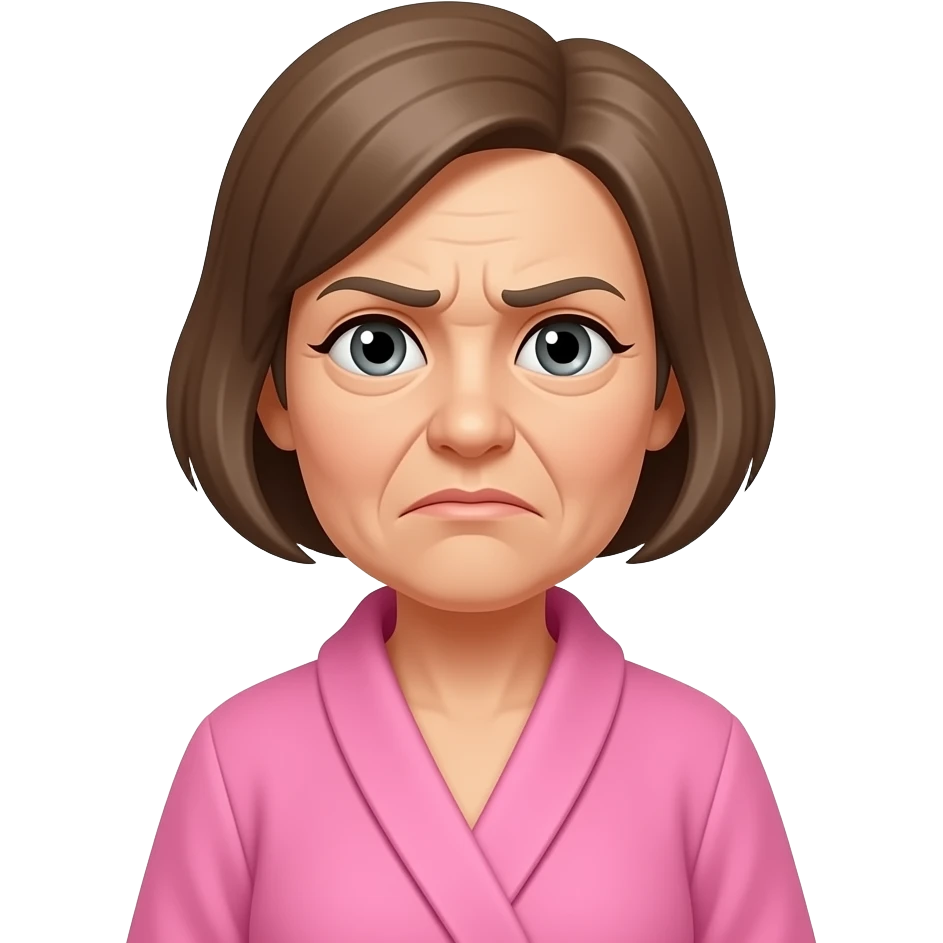 older woman with short brown and grey hair wearing a pink bathrobe and a frown on her face emoji