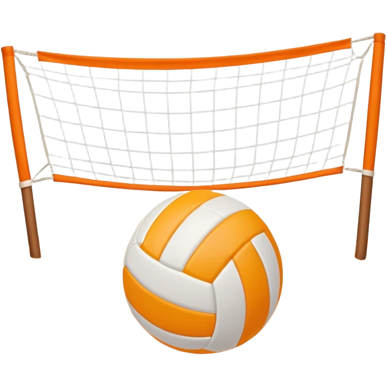 The scene captures an orange sand, sunny sea beach with clear blue sea and sky, palm trees swaying. A volleyball resting on the orange sand ground of a beach, with a volleyball net in the background.  emoji