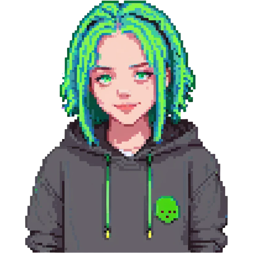 pixel art of Billie Eilish with neon green hair, hoodie, small smile, pop singer emoji
