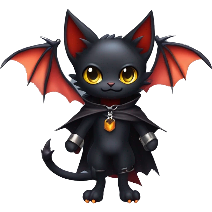 Cute edgy cool beautiful realistic vampiric dark eldritch fantasy Litten-Fakémon-Digimon with bat-wings as ears full body, cloak, choker collar, harness, leg straps emoji