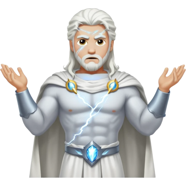 Zeus, whole body, white clothes, long white  hair, lightnings, determined face emoji