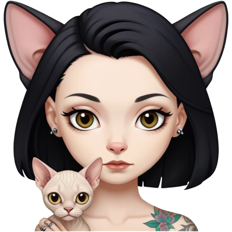 white girl with long black  straight hair and tattoos and  a Devon rex emoji