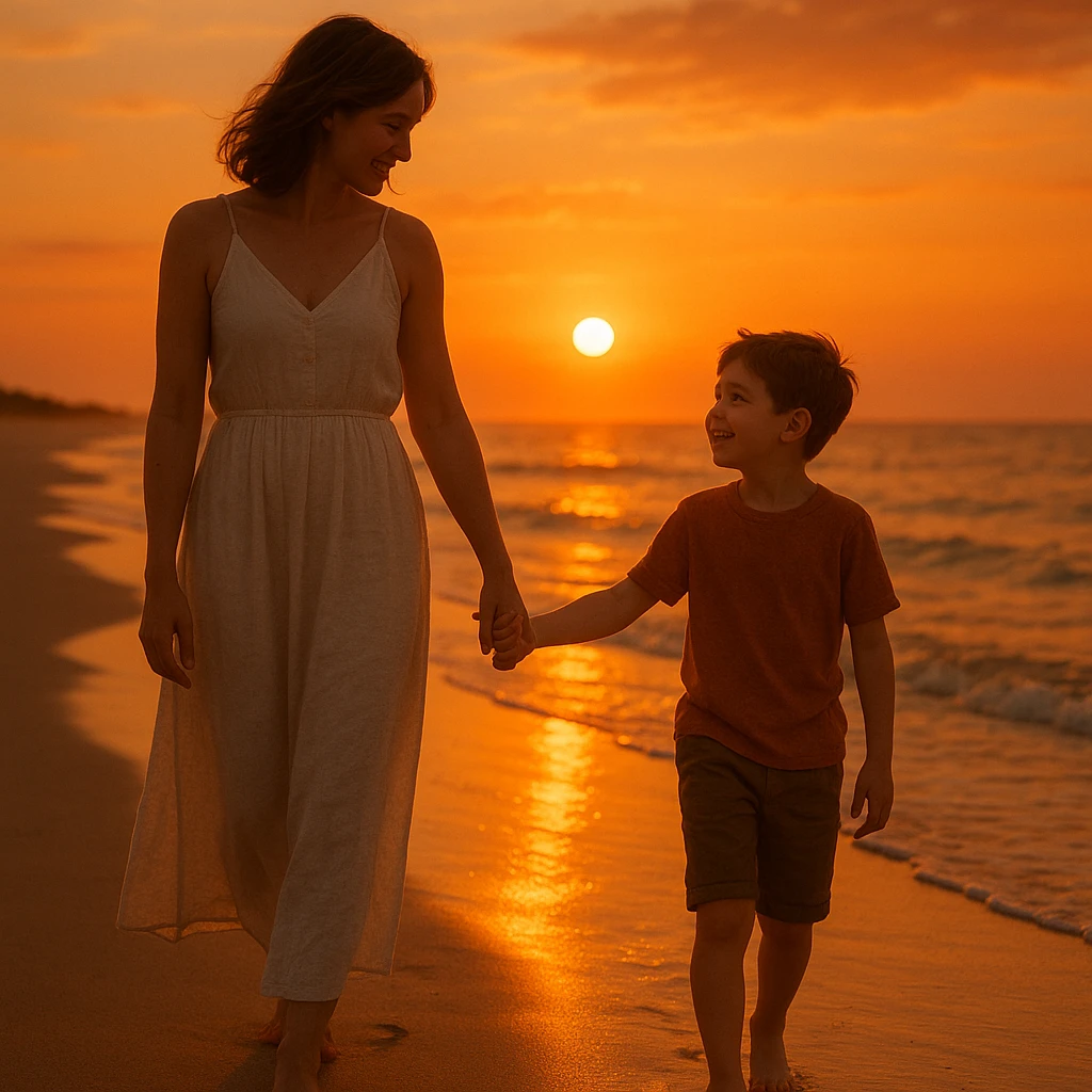 A mother and son walking hand in hand at the beach during sunset, warm colors, peaceful atmosphere emoji