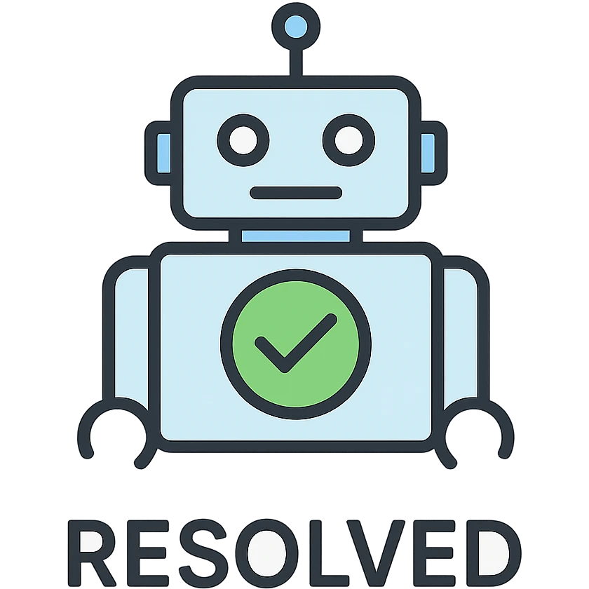 colorful outlined icon style robot with a green check mark on its chest and 'RESOLVED' written below in a bold sans-serif font emoji