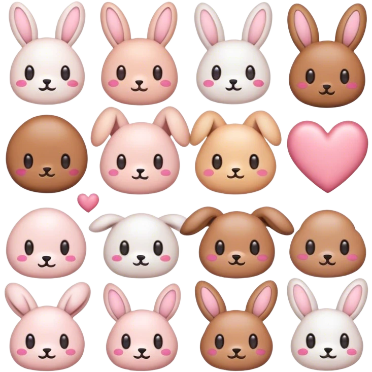 Create a high-resolution collection of ten modern, high-quality emojis on a transparent background, inspired by the nickname 'Snuff' or 'Snuffel'. The emojis should be cute, playful, and fluffy, featuring elements like a soft bunny, a tiny curious puppy, a cozy plush-like creature, hearts, sparkles, and other adorable details. The color palette should be soft and warm, using blush pink, nude, and pastel tones to create a sweet and affectionate aesthetic. Avoid blue tones completely. Ensure all elements are fully visible without being cropped, maintaining a clean and aesthetically pleasing layout. emoji