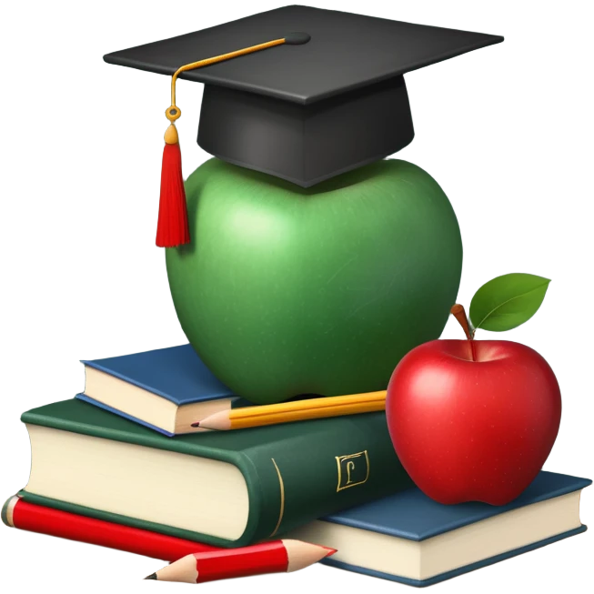 An icon featuring a chalkboard with educational equations, an apple, and a pencil, symbolizing pedagogy. The design includes a stack of books and a graduation cap, representing teaching and learning. Transparent background highlights the dedication to education and mentorship. emoji