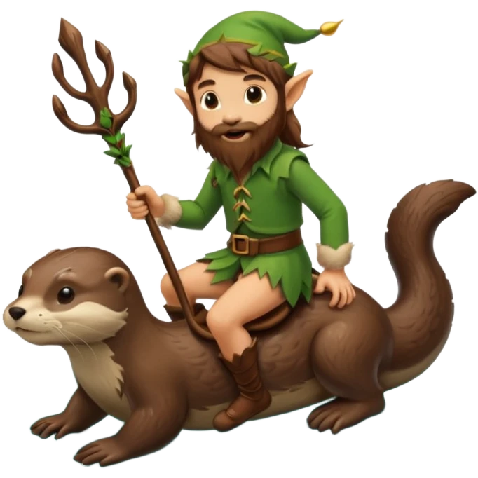 tiny forest elf man long brown hair beard riding an otter emoji