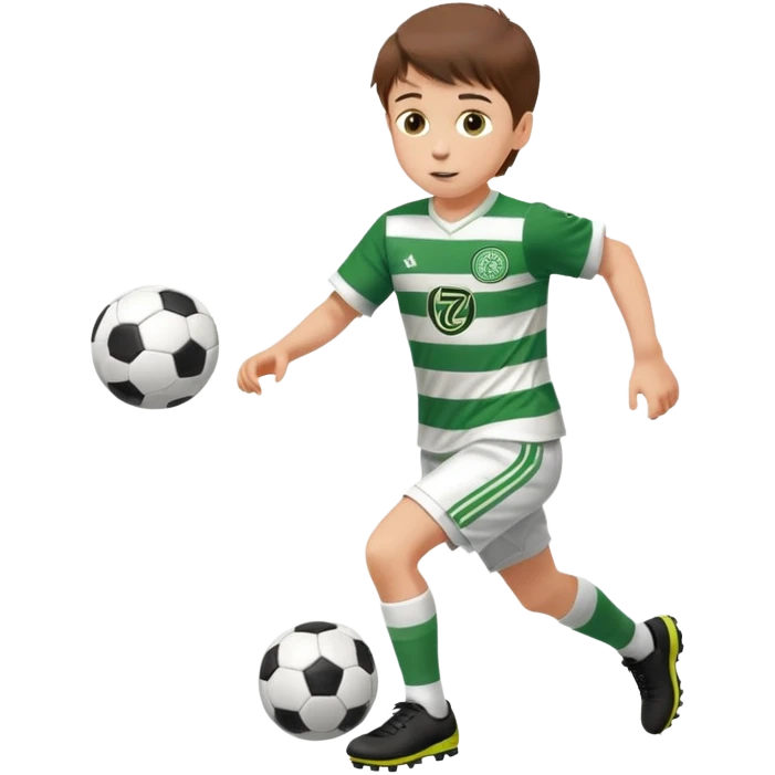 Celtic footballer jersey logo  6 years old brown hair white boy , brown eyes , stripes uniform , RUNNING  with soccer ball is number  17 celtic football logo  ONE CELTIC LOGO ONLY white shorts emoji