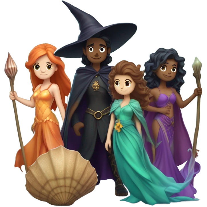 A group of 5 friends, consisting of a female witch, a female wizard, a male merman, a female fairy, and a female siren emoji