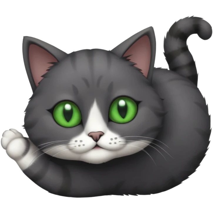 solid dark grey cat with green eyes, completely solid grey face, white toes/paws playing rolling upside down emoji