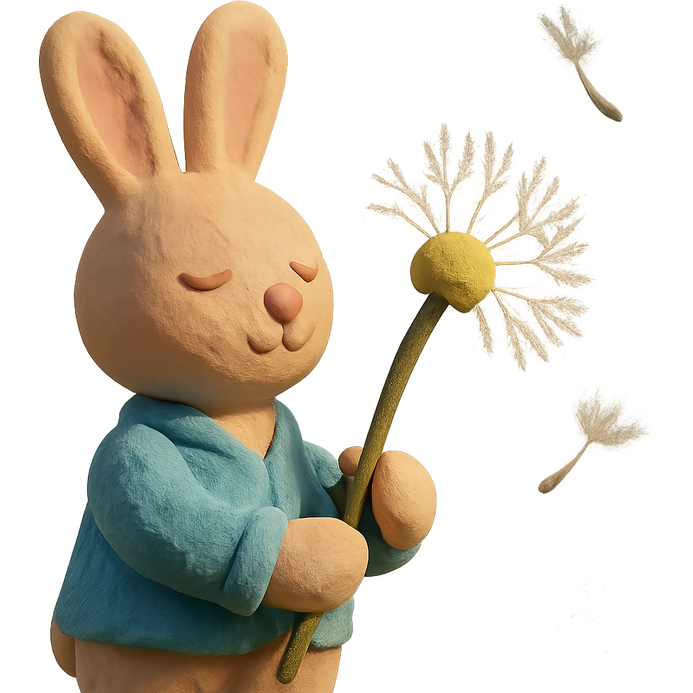 bunny holding a dandelion in the breeze, gentle spring vibe, soft pastel colors, claymation style emoji