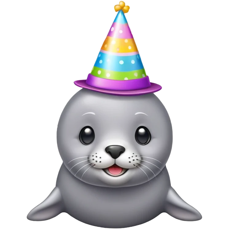 A cute gray seal with colorful birthday party hat, simple mobile emoji style emoji