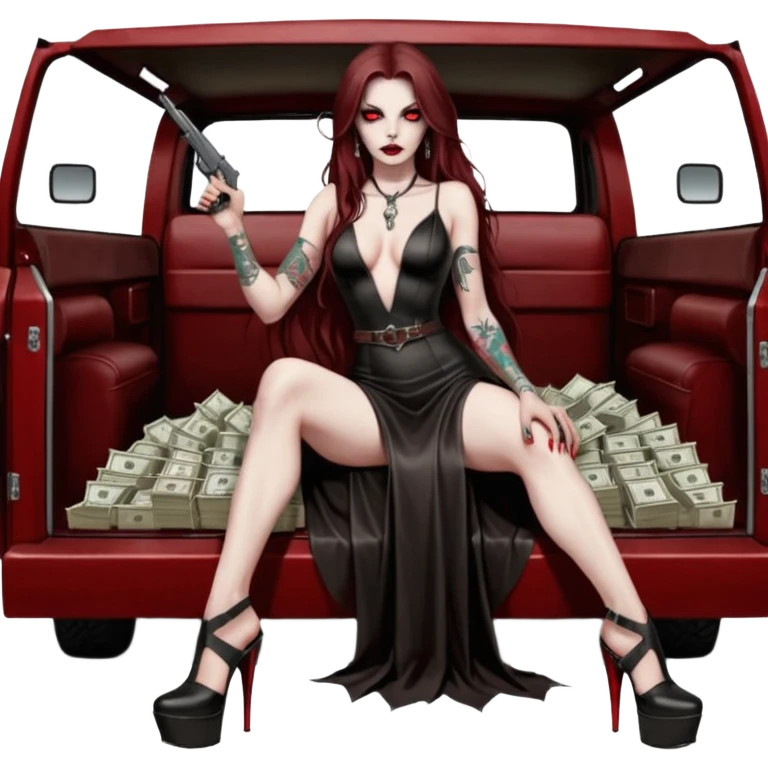 Lilith symbol red eye seductress evil long brown haired sexy succubus woman with leather long dress with slit, sitting in Big Large F350 pickup truck. Black Platform high heels on feet. Tattoo sleeve arms, seat full of stacks of cash, and a man dead human skull of her enemies and a gun in other hand emoji