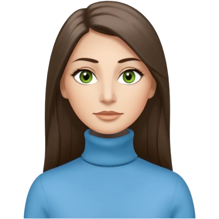 43 year old Adult woman avatar, light skin tone, long, oval face, long straight ashy brown hair, green almond-shaped eyes with dramatic eyelashes and minimal eyeliner, neutral mouth, medium straight eyebrows, average nose, smooth skin,  sky blue turtle neck  emoji