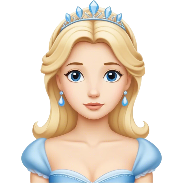 Cinematic Timeless Cinderella Portrait Emoji, rendered in a realistic, simplified vector style. Depict a classic Cinderella with delicate fair skin, beautifully styled blonde hair, and a calm, content expression, dressed in her iconic gown. The design is highlighted by a soft glowing outline and gentle, enchanting luminosity, capturing the essence of pure fairy-tale elegance. emoji