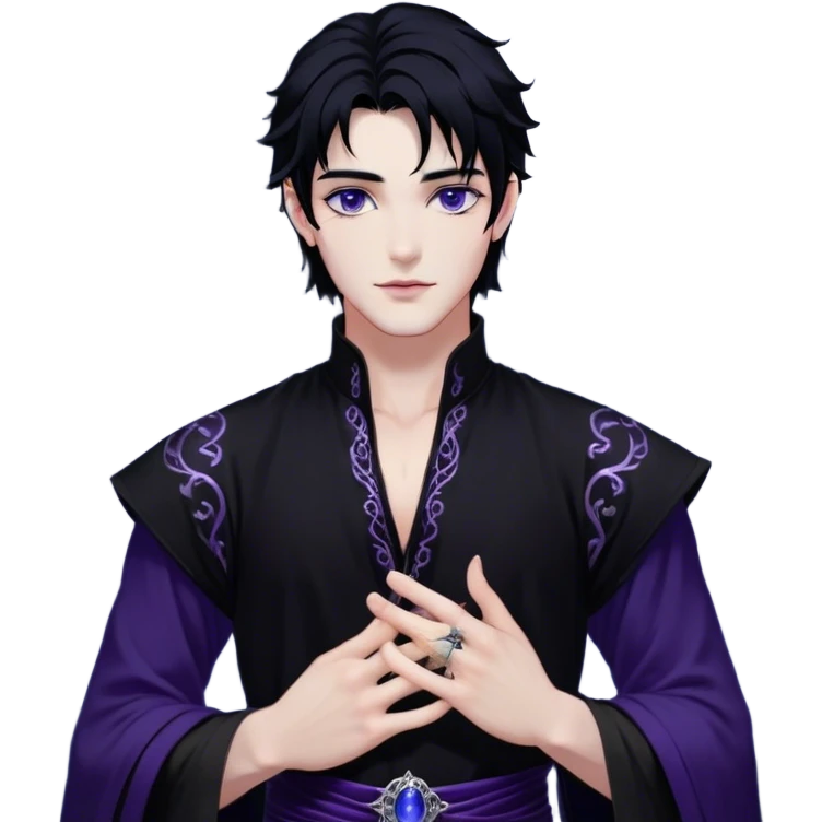 A strikingly handsome High Fae male with midnight-black hair, piercing violet eyes that glow under the moonlight. His lips curve into a knowing smirk, revealing a dangerous charm. He wears an elegant black tunic with silver embroidery, the fabric flowing like liquid shadow. A silver ring glints on his long fingers, and faint wisps of darkness swirl around his shoulders like living mist emoji