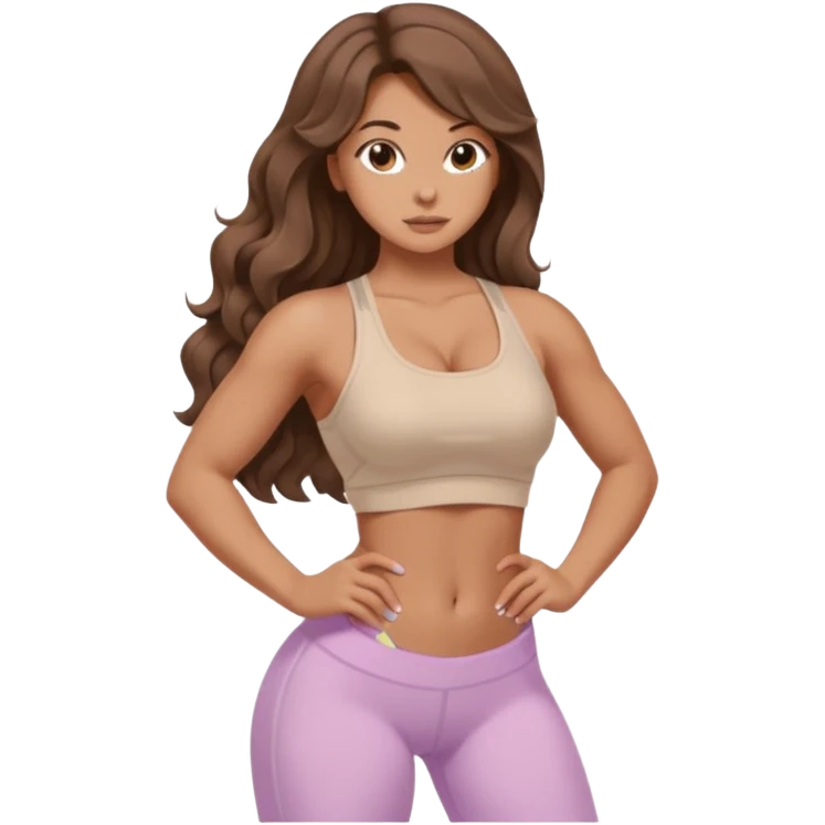 Create dream body girl with big glute and small waist and brown wavy long hair with pastel beige gym clothes  emoji