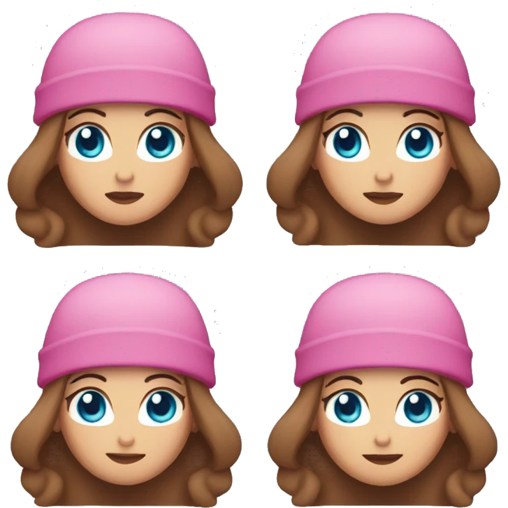 woman with blue eyes, long brown hair, and pink beanie emoji