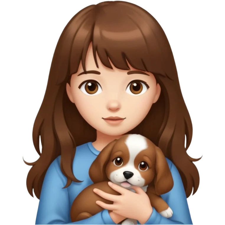 A girl with long brown hair and bangs holding a puppy emoji