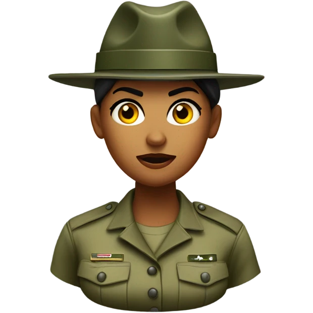 a female drill sergeant character wearing a classic sergeant hat and a camouflage army shirt. The character should have an angry intense expression. full torso emoji