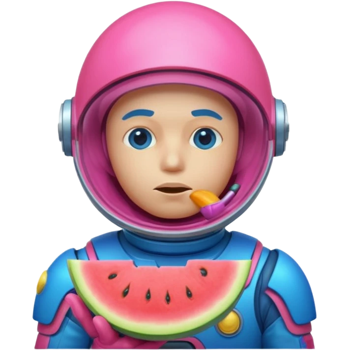 Neon pink and blue spaceman side eye eating melon looking suspicious emoji