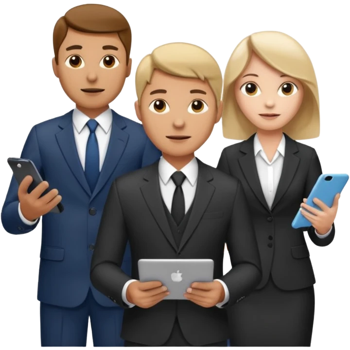Команда в костюмах из трёх человек. на переднем палне Мужчина впереди общается по смартфону, дальше женщина слева стоит с ноубуком, мужчина справа держит бумаги emoji