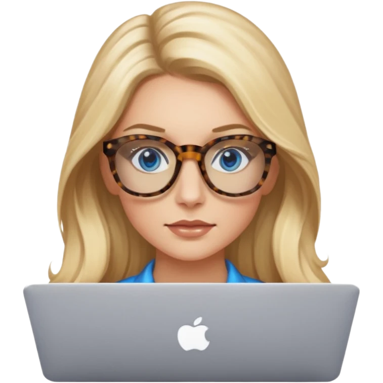  long blown out blonde hair woman blue eyes with tortoise shell print glasses on mac book  emoji