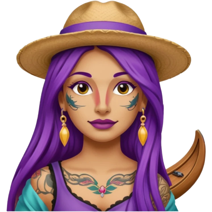 tattoed face venice gondolier with iconic hat woman purple long hair emoji