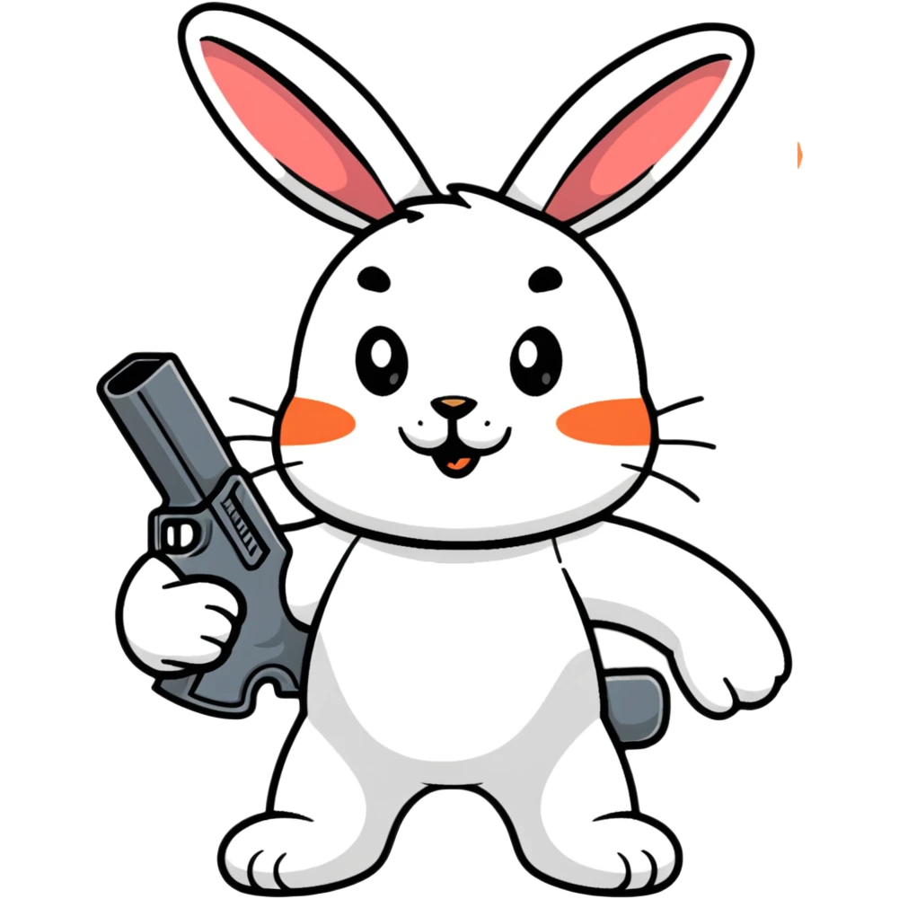 A cartoon rabbit holding and shooting with a gun emoji