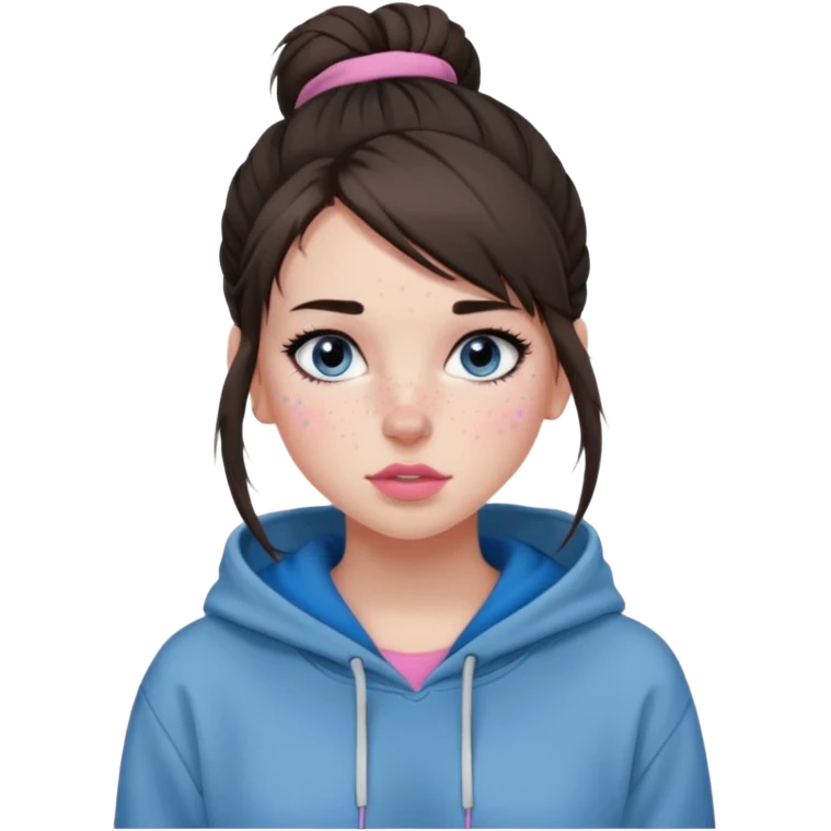Create a teenage girl with straight brunette hair pulled into a messy bun, pale skin, light freckles, and blue-grey eyes. She will have pink lips and long black eyelashes. She will be wearing a big black hoodie. emoji