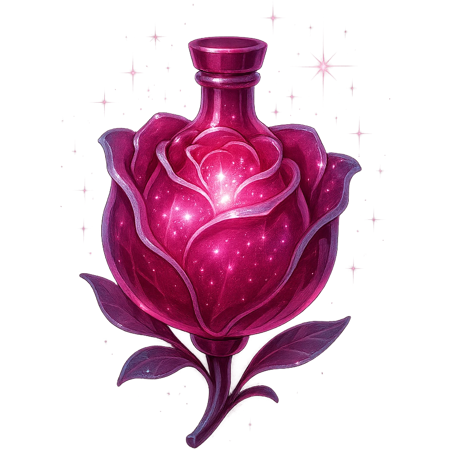 rose-shaped luxurious elixir bottle, deep pink color, iridescent and silver details, ultra intense magical glowing and sparkling effects, very small neck, seamless bottom, transparent background, floating, no base or shadow, modern, matching a collection emoji