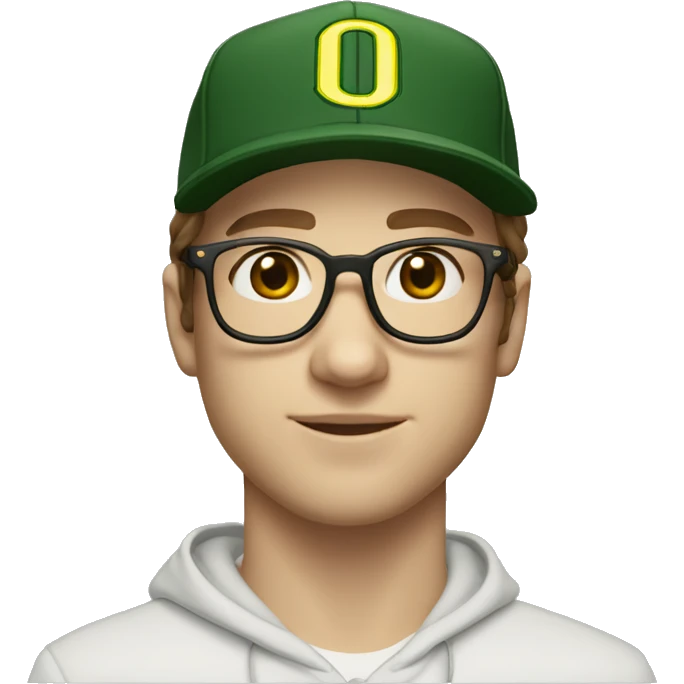 jeremy allen white with brown hair, glasses, and a university of Oregon baseball hat, and a hoodie, and light complexion  emoji