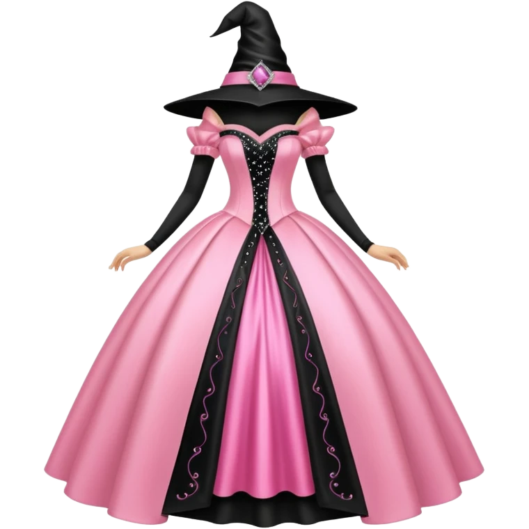 big pink sparkly princess style ball gown and next to it is a black witches hat emoji