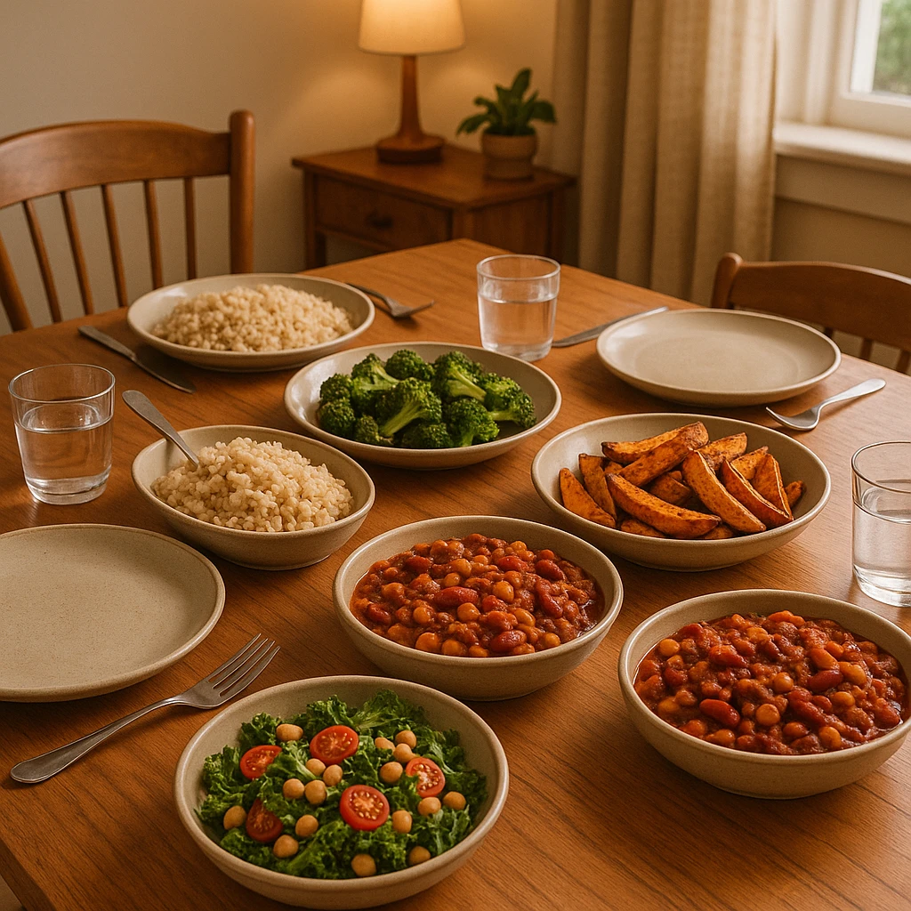 table set with moderate portions, fiber and protein-rich dishes, no refined sugars, cozy atmosphere, realistic details, family dining room background emoji