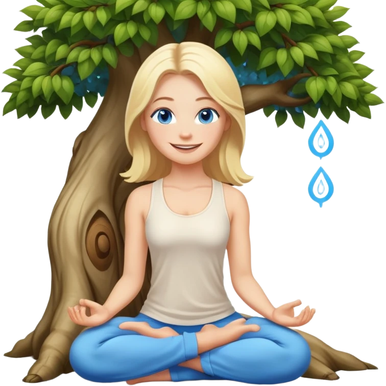 blonde white woman with blue eyes and a big smile meditating next to a tree emoji