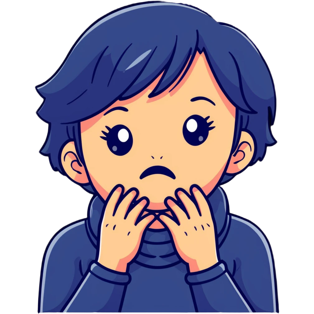 cartoon style girl showing emotional distress, hands at her throat, exaggerated facial features emoji