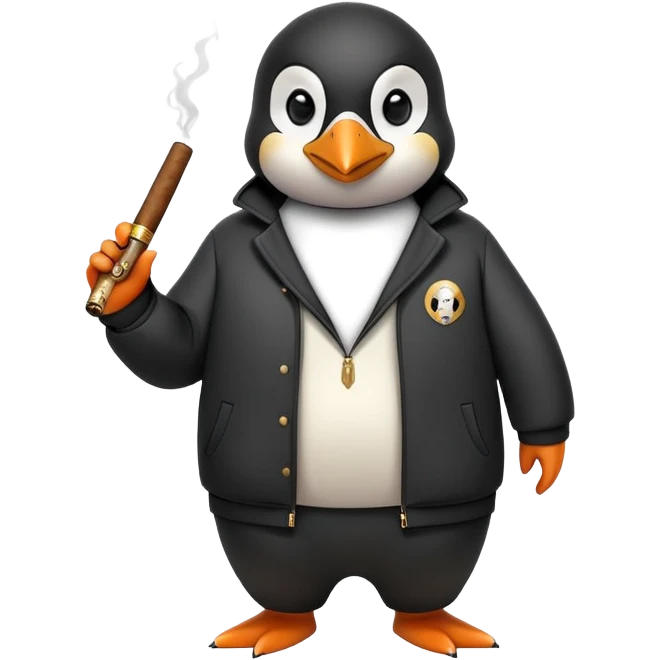 friendly anthropomorphised penguin wearing a mafia-style tracksuit, holding a cigar, secretive scheming pose, soprano vibe emoji