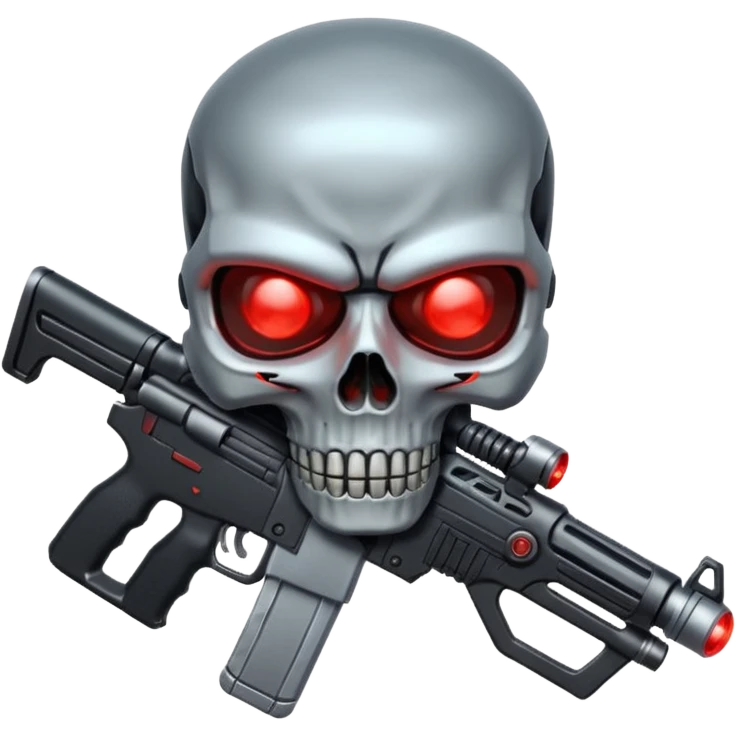 Sci-fi shield badge, terminator style skull, glowing red eyes, crossed futuristic assault rifle and energy sword, no background emoji
