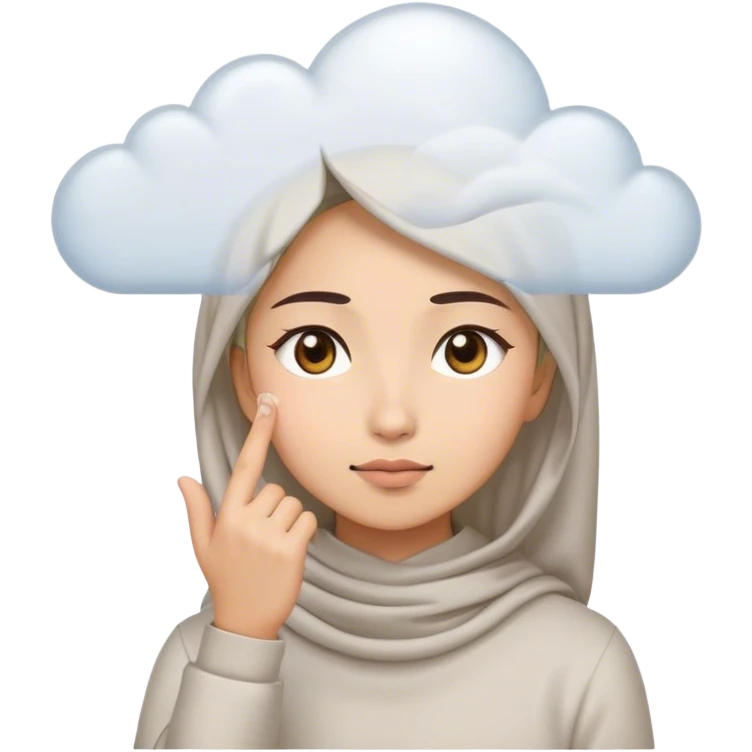 Model: Sticker.a white young asian Muslim woman are thinking something. Her eyes rolling to up right. Her hand touching face. There's emoji cloud to describe what she thinking about. emoji