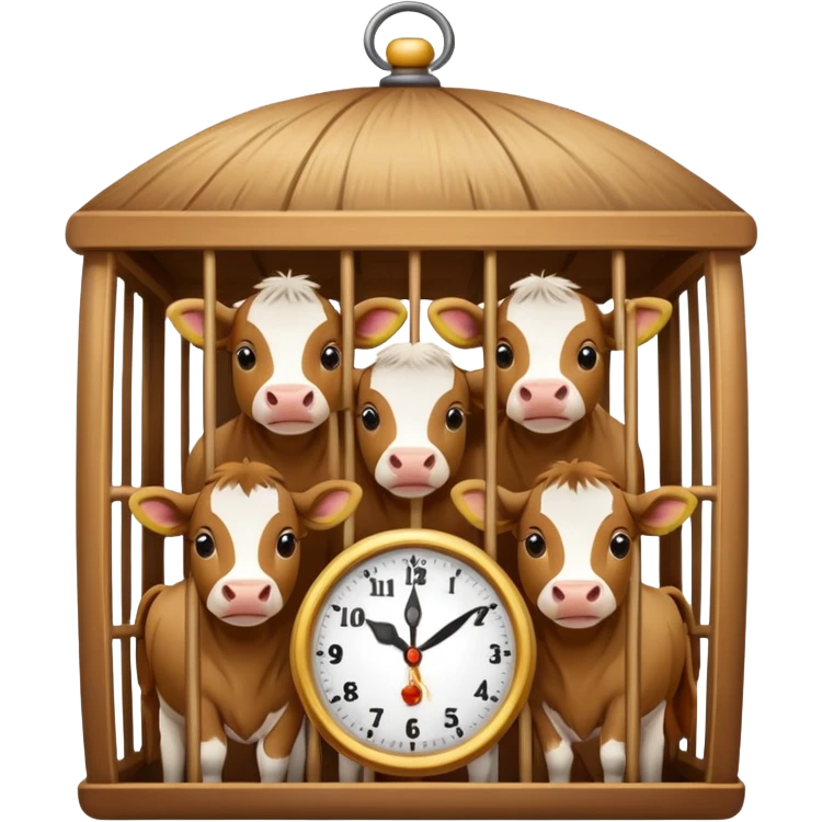 straw-lined cage with calves inside and a small clock emoji