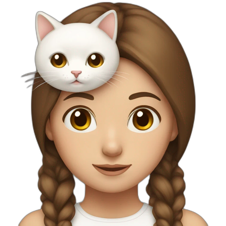 Brown hair girl with white cat on head emoji