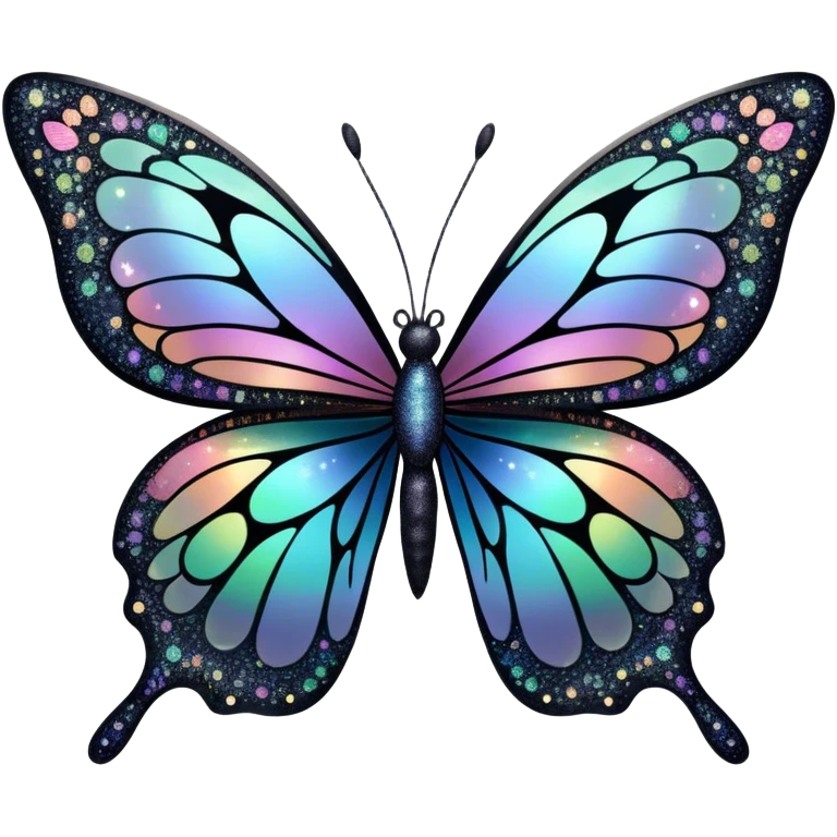Pastel sparkly black glittery iridescent rainbow transparent butterfly with detailed intricate patterns emoji