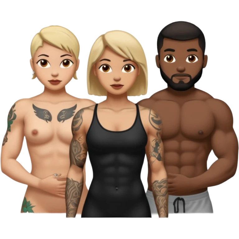 naked tattoed female, 2 black males emoji