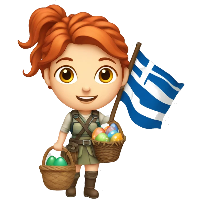 red hair female winter mountaineer with Greek flag and easter basket emoji
